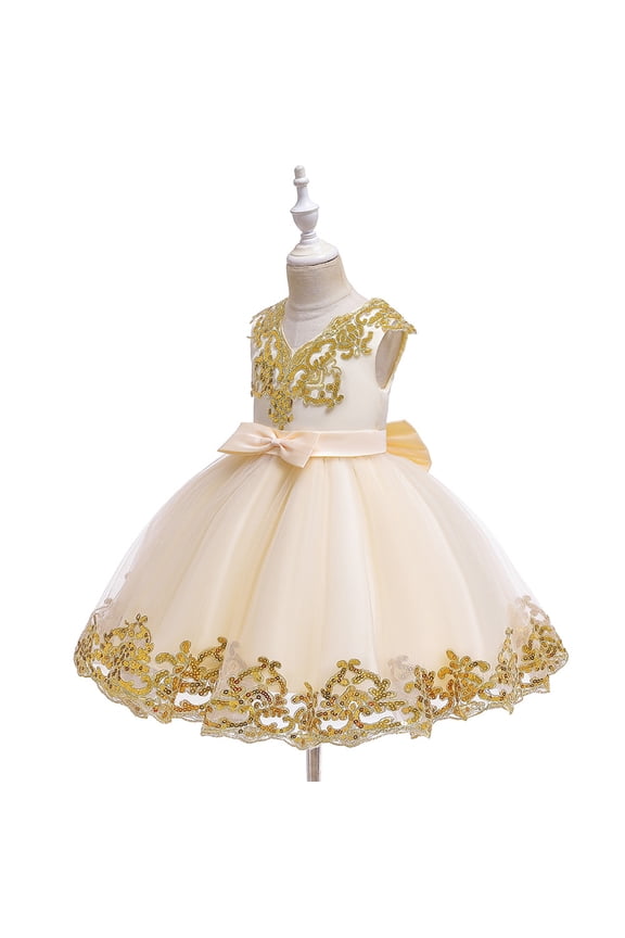 Girl Ivory Dress with Gold without Sleeve for Wedding, Pageant, Graduation, Birthday ages 2-11 years old