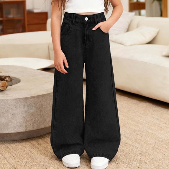 Girl Jeans Elastic Wasit Jeans Girls Straight Leg Wide Leg Girls Pants High Waist Girls Jeans Baggy with Pocket School Outfits for Girls 8-9 Years
