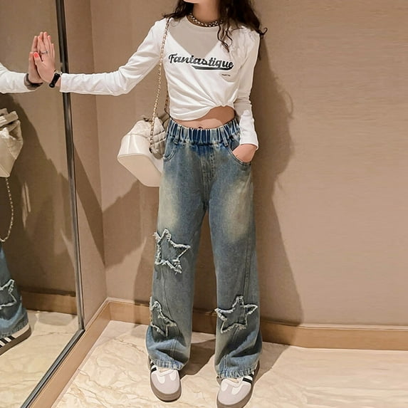 Girl Jeans Embroidered Jeans Jeans Baggy Girls Straight Leg Jeans with Pockets High Waisted Jeans Wide Leg for Girls 8-10 Years