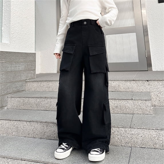 Girl Jeans Girls Cargo Jeans Girls Straight Leg Wide Leg Denim Jeans High Waist Girls Jeans Baggy with Pocket School Clothes 5-6 Years
