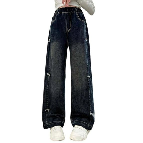Girl Jeans Girls Cute Jeans Straight Leg Jeans Wide Leg Jeans Girls High Waist Baggy Jeans Girls with Pockets Kids Clothes Girls Size 7-8 Years