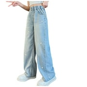 Girl Jeans Size 10-12 Ripped Jeans Girls Jeans Wide Leg/Flare/Skinny Denim Pants Ripped Baggy High Waisted with Pockets Teen Casual Kids Blue 8-9 Years