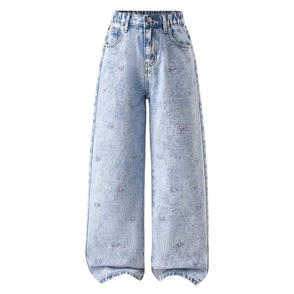Girl Jeans Trendy Teen Kids Girls Washed Ripped Distressed Jeans Wide Leg Stretchy Breathable Casual Denim Pants Streetwear Jeans for Teens 8 Years-9 Years Blue