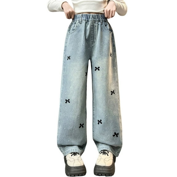 Girl Jeans with Bows Casual Kids Baggy Jeans Girls Straight Leg Jeans with Pockets High Waisted Wide Leg Jean for Teens 11-12 Years