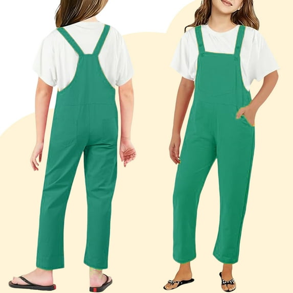 Girl Jumpsuit Girls Overalls Kids Casual Sleeveless Girls Overalls with Pockets Green Jumpsuits Back to School Outfits for Girls 4-5 Years