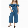 thumbnail image 1 of Girl Jumpsuit Girls Overalls Size 10-12 Girls Jumpsuit Kids Fashion Spaghetti Strap Off the Shoulder Ruffle Sleeve Belted Wide Leg Romper Blue 12-13 Years, 1 of 9