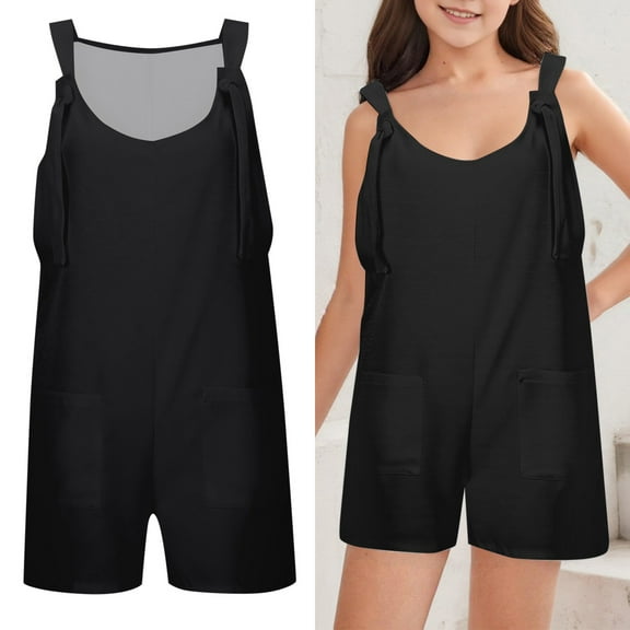 Girl Jumpsuit Kids Casual Sleeveless Overalls Girls 1 Piece Rompers with Pockets Black Jumpsuits Summer Clothes Kids 7-8 Years
