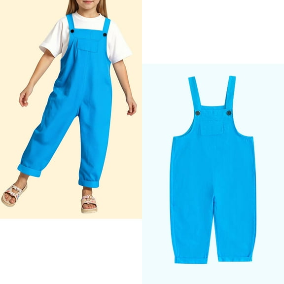 Girl Jumpsuit Kids Casual Sleeveless Overalls Girls Loose Rompers with Pockets Blue Jumpsuit Girl Clothes Size 4-5 Years