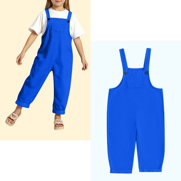 Girl Jumpsuit Kids Casual Sleeveless Overalls Girls Loose Rompers with Pockets Blue Jumpsuit Kids Summer Clothes 8-9 Years