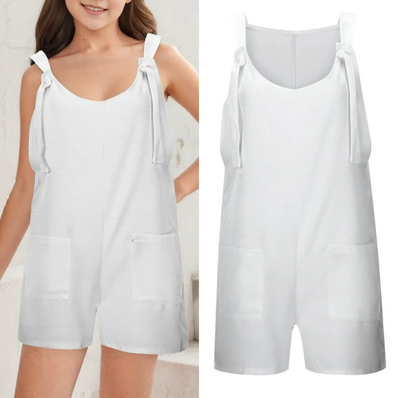 Girl Jumpsuit Kids Casual Sleeveless Overalls Girls Overalls with Pockets White Jumpsuit Girl Summer Outfits Size 7-8 Years