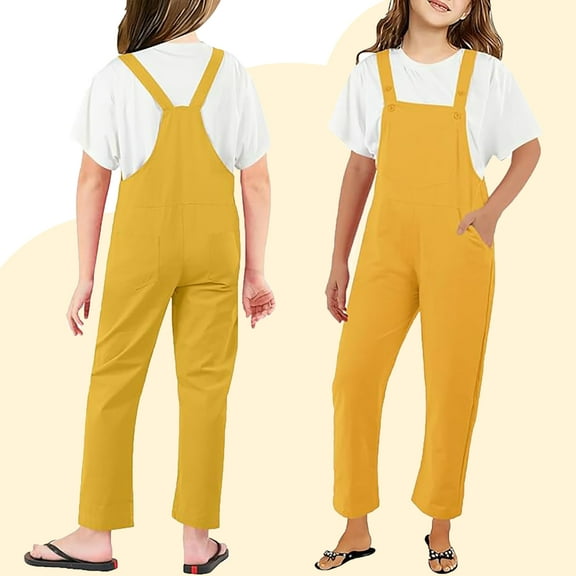 Girl Jumpsuit Kids Casual Sleeveless Romper Girls 1 Piece Rompers with Pockets Yellow Jumpsuits Girl Summer Clothes 5-6 Years