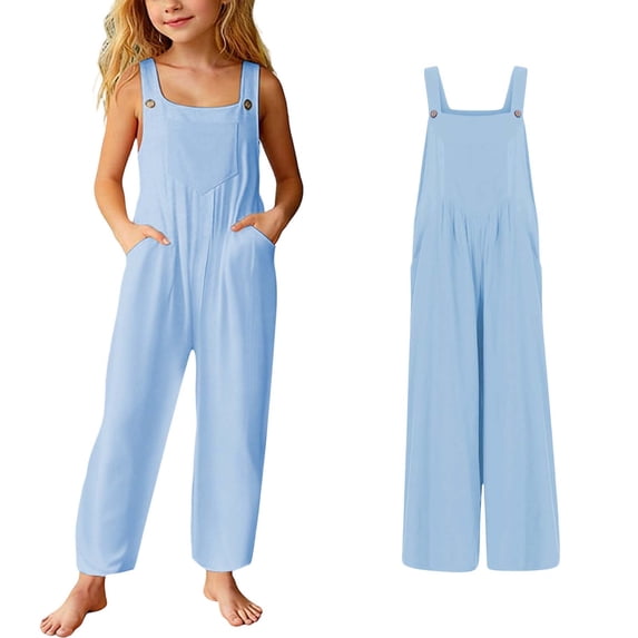 Girl Jumpsuit Wide Leg Jumpsuit Casual Sleeveless Loose Rompers with Pockets Girls 9-10 Years Summer Clothes
