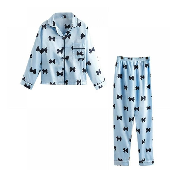 Girl Kids Satin Silk Pajamas Print Set,Long Sleeve Tops+Pants Sleepwear Suit,6-13Y