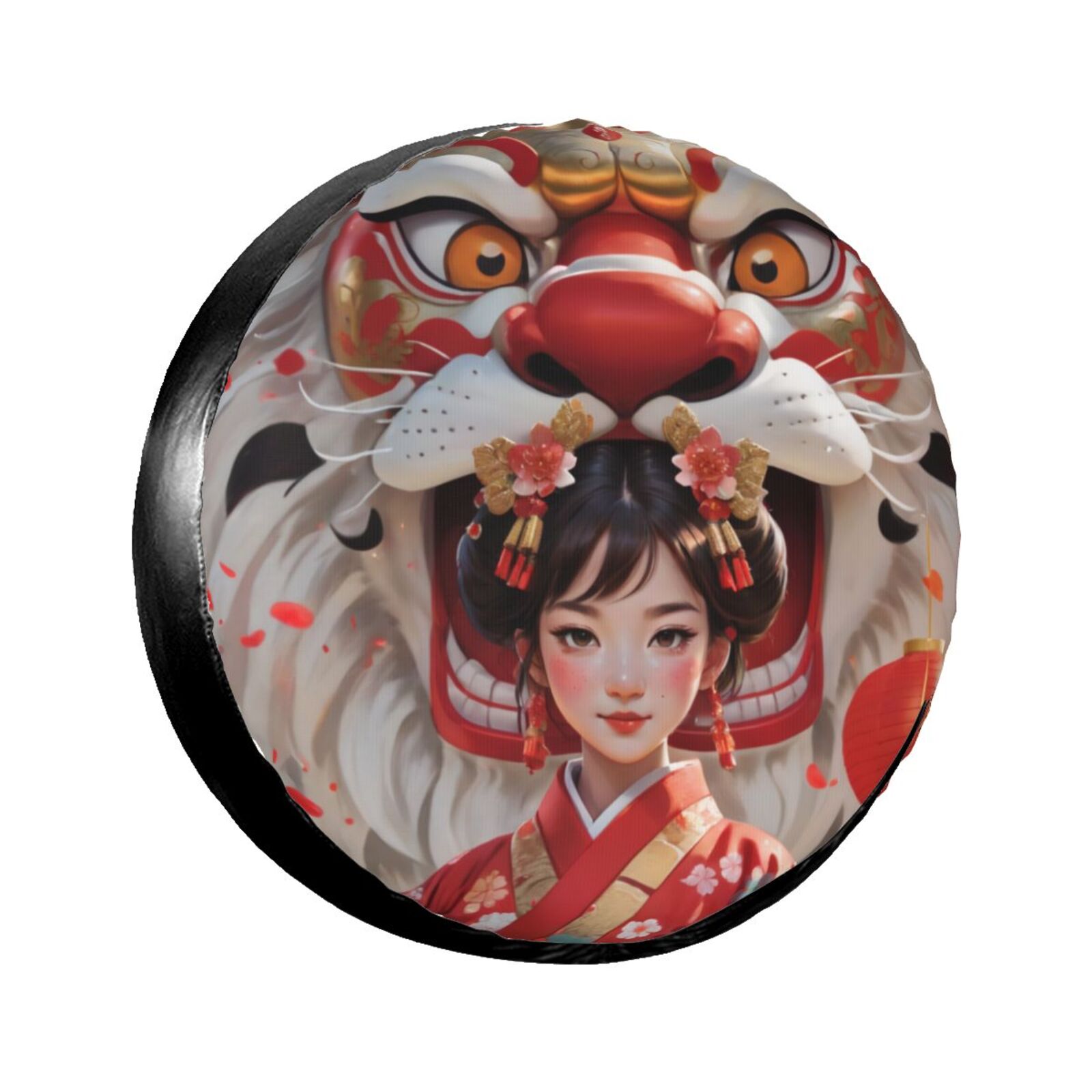 Girl in Kimono with Lion Dance Mask Spare tire cover wheel protector