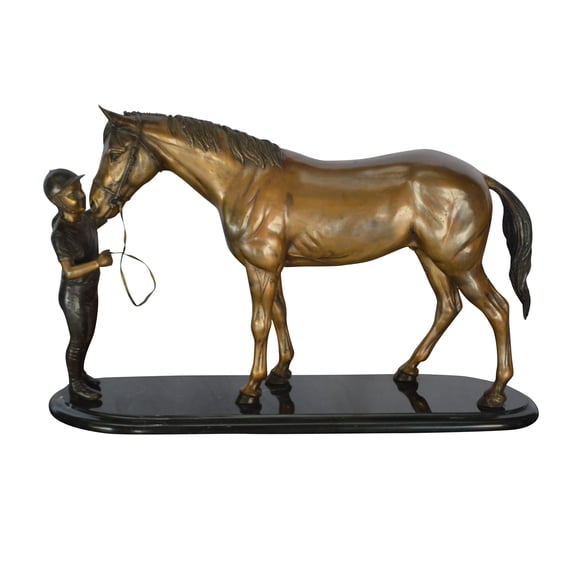 Nifao Girl Kisses Her Horse Bronze Statue on Marble Base – Home Decor Sculpture, 23"L x 6"W x 15"H