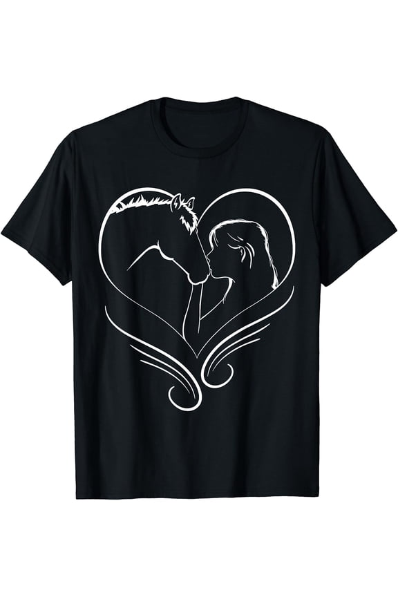 Girl Kissing Horse Heart Horseback Rider Silhouette T-Shirt