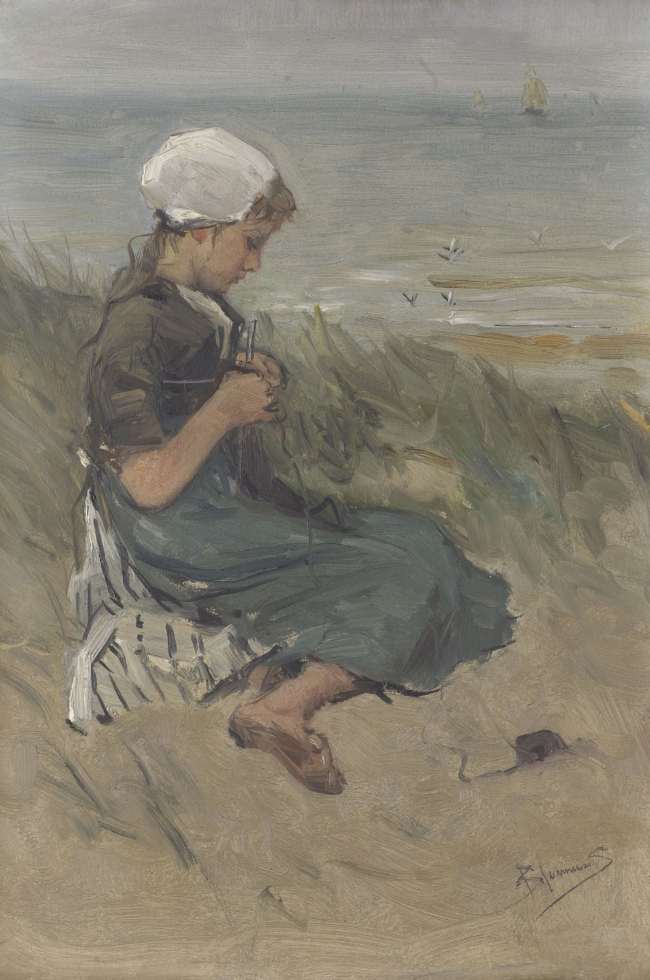 Girl Knitting In The Dunes Canvas Art - (18 x 24)