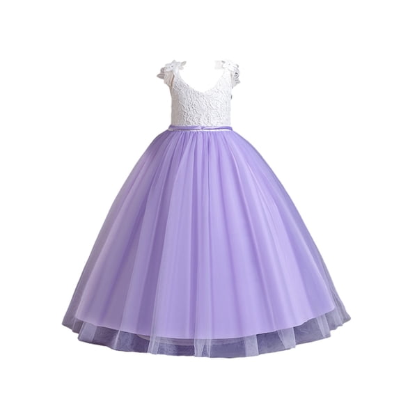 Girl Lace Flower Sleeveless Gown Dress Kids Wedding Bridesmaid Pageant Party Formal Long Gown Princess Tulle Flower Girl Dresses - 4-12T