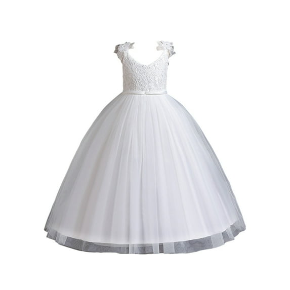 Girl Lace Flower Sleeveless Gown Dress Kids Wedding Bridesmaid Pageant Party Formal Long Gown Princess Tulle Flower Girl Dresses - 4-12T