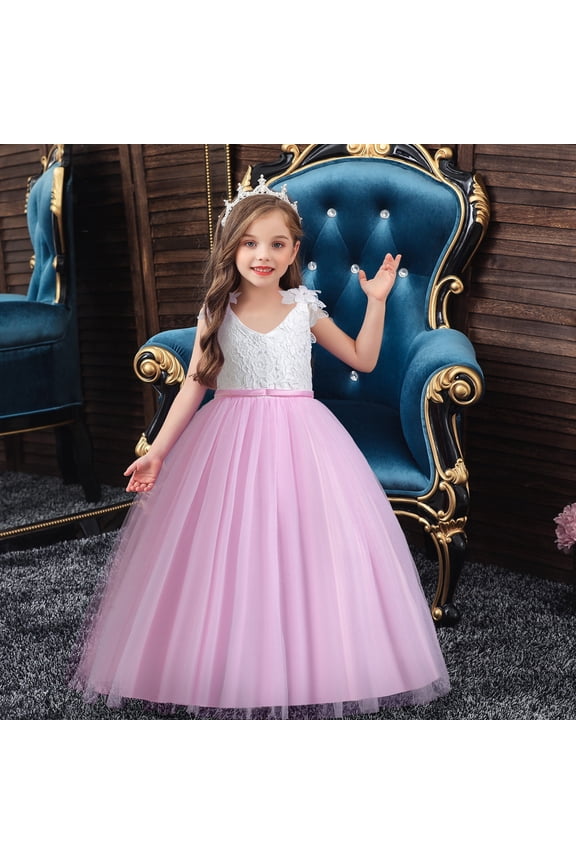 Girl Lace Flower Sleeveless Gown Dress Kids Wedding Bridesmaid Pageant Party Formal Long Gown Princess Tulle Flower Girl Dresses - 4-12T