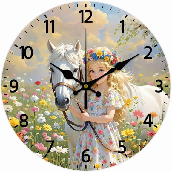 Girl Leading Horse Pattern Wall Clock 12 Inch Non-Ticking Flowers Pattern Clocks Round Wall Hanging Clock Battery Operated for Bedroom Living Room Kitchen Office Violet