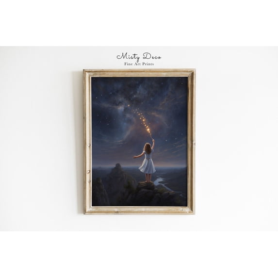Girl Lighting up the Stars Room Wall Art Illustration Starry Sky Decor, Stretched Canvas 12x16in