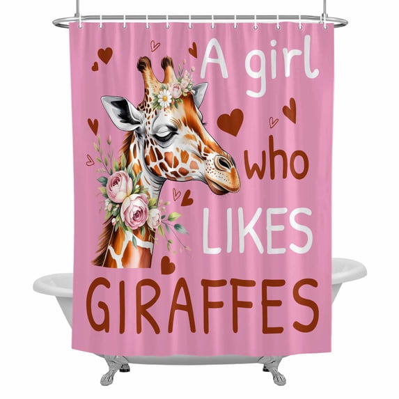 A Girl Who Likes Giraffes Shower Curtain for Bathroom, Cartoon Funny Animals Pink Rose Heart Pink Waterproof Cloth Fabric Bathroom Accessories Set with 12 Rust Proof Plastic Hooks, 36"x72"
