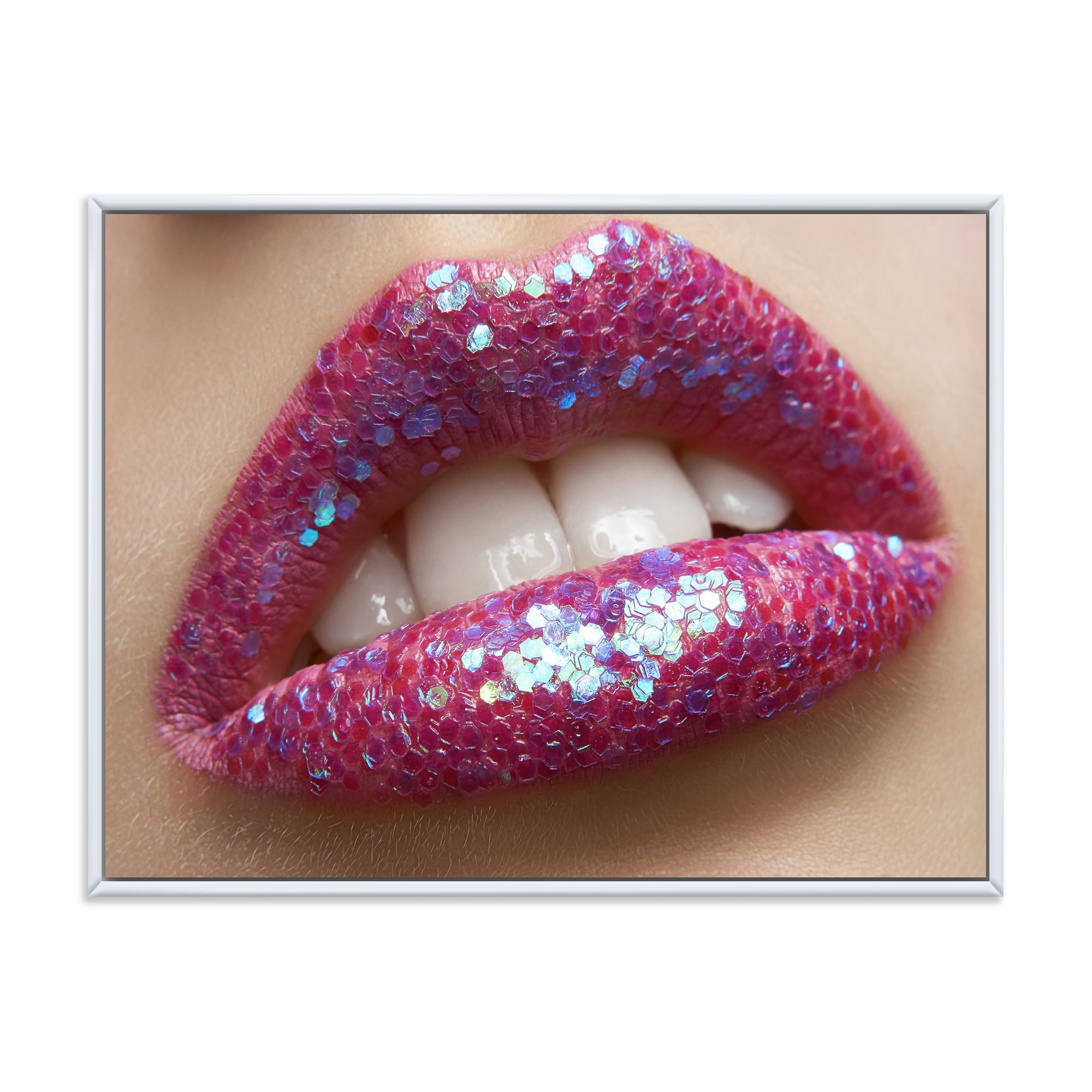 Girl Lips Pink Lipstick and Sequins 20 in x 12 in Framed Painting Canvas Art Print, by Designart
