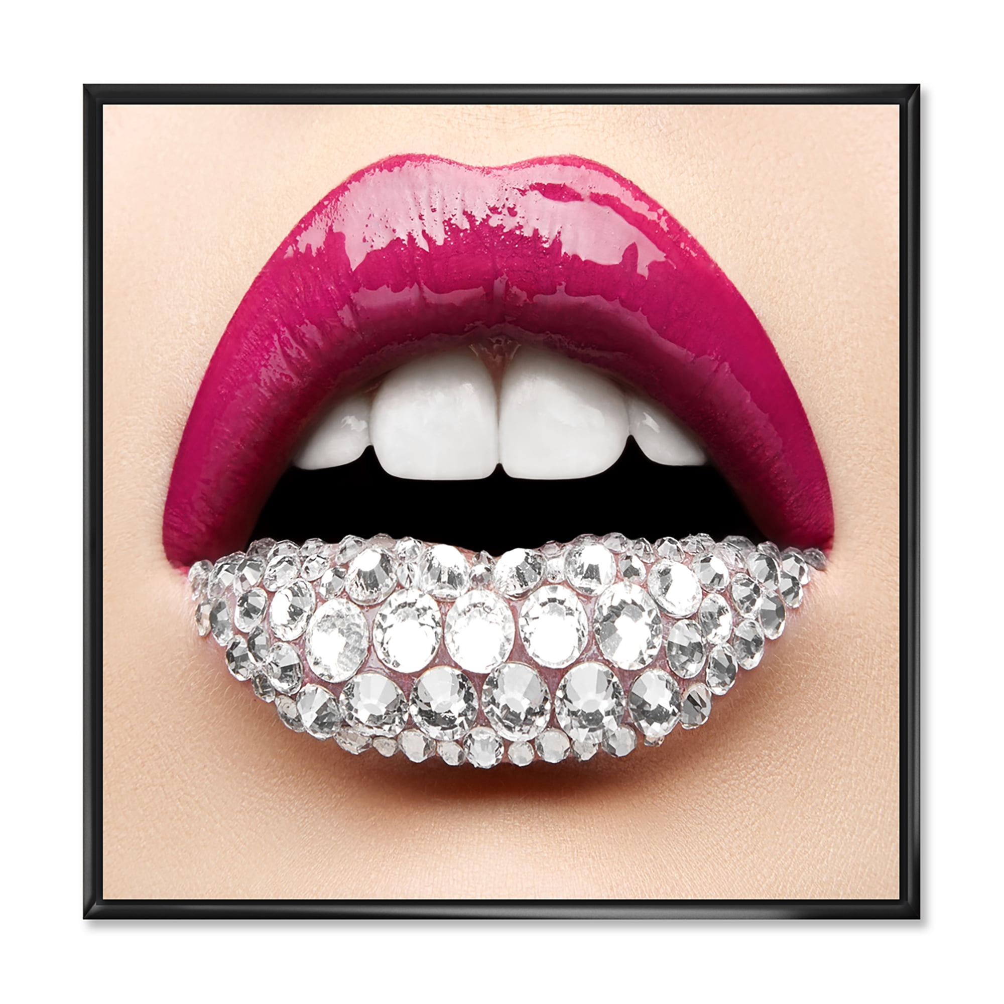 Girl Lips With Pink Lipstick White Diamonds 30 in x 30 in Framed Photography Canvas Art Print, by Designart