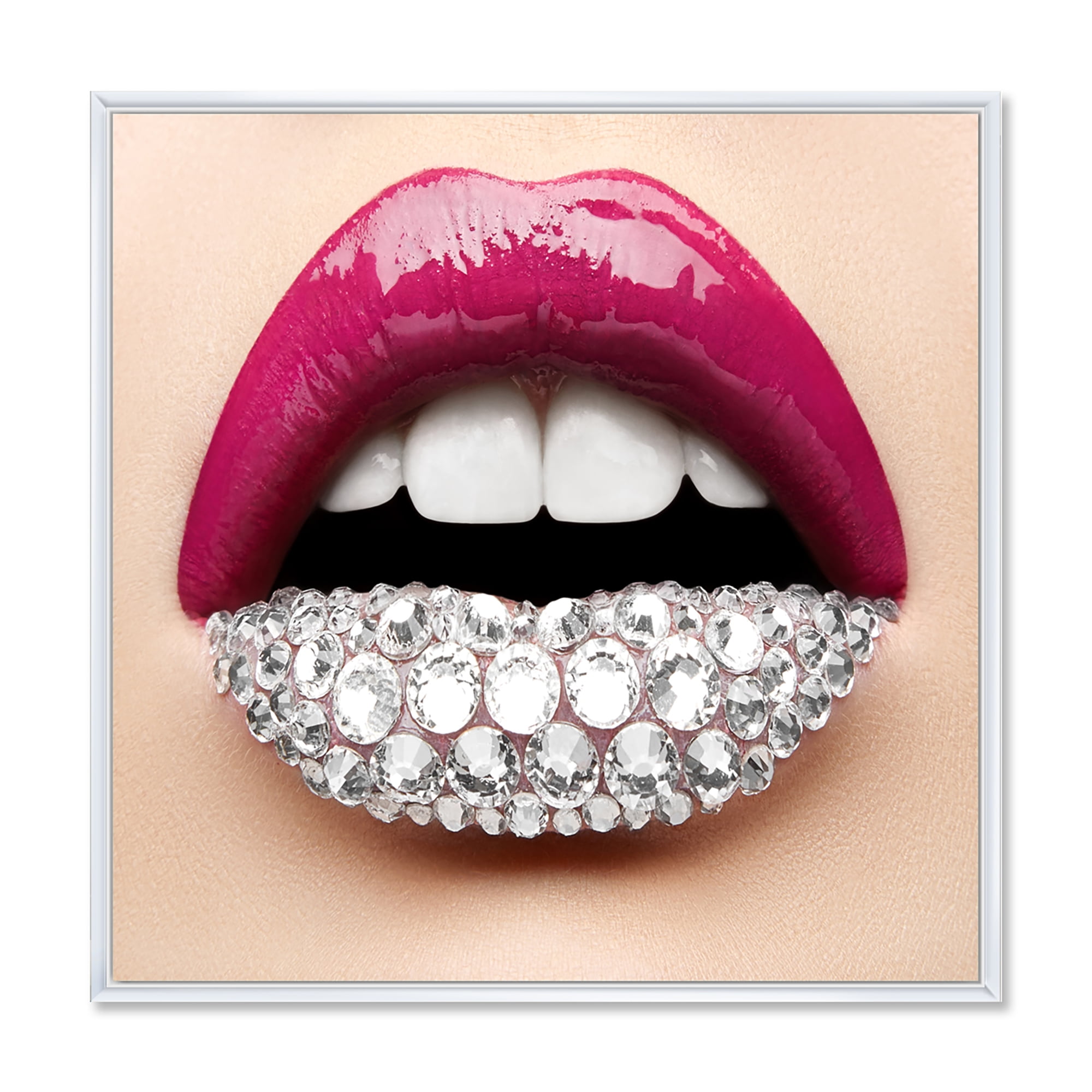 Girl Lips With Pink Lipstick White Diamonds 36 in x 36 in Framed Photography Canvas Art Print, by Designart
