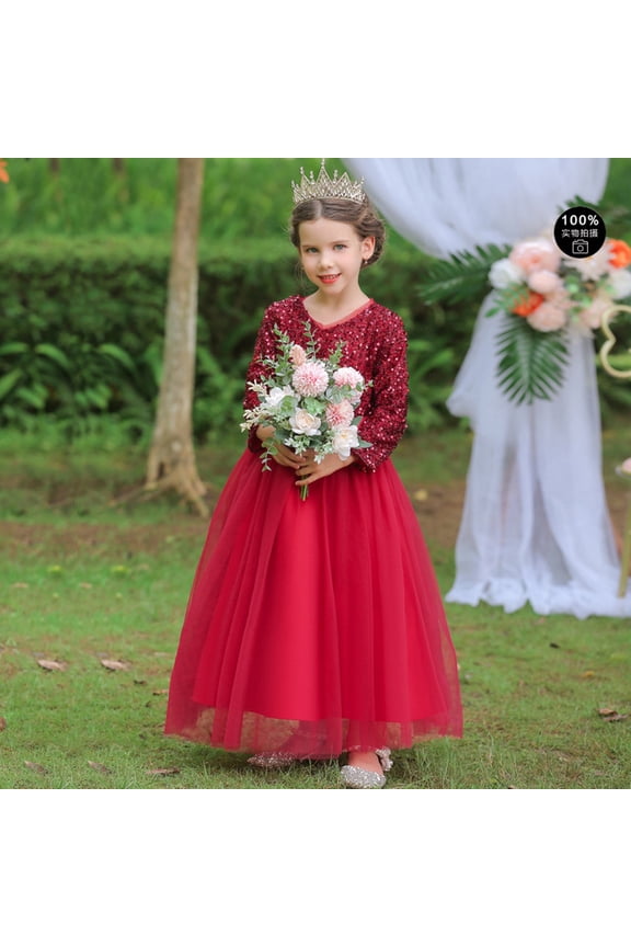 Girl Long Gown Dress Sparkle Sequins Kids Wedding Bridesmaid Pageant Party Formal Long Gown Princess Tulle Flower Girl Dresses 4-12 Years