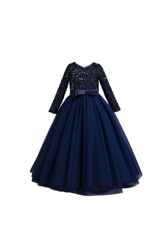 Girl Long Gown Dress Sparkle Sequins Kids Wedding Bridesmaid Pageant Party Formal Long Gown Princess Tulle Flower Girl Dresses 4-12 Years