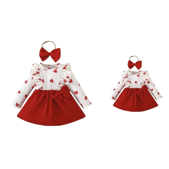 Girl Long Sleeve Heart Bow Dress, Flowy Twirl Outfit for Autumn Party Wear