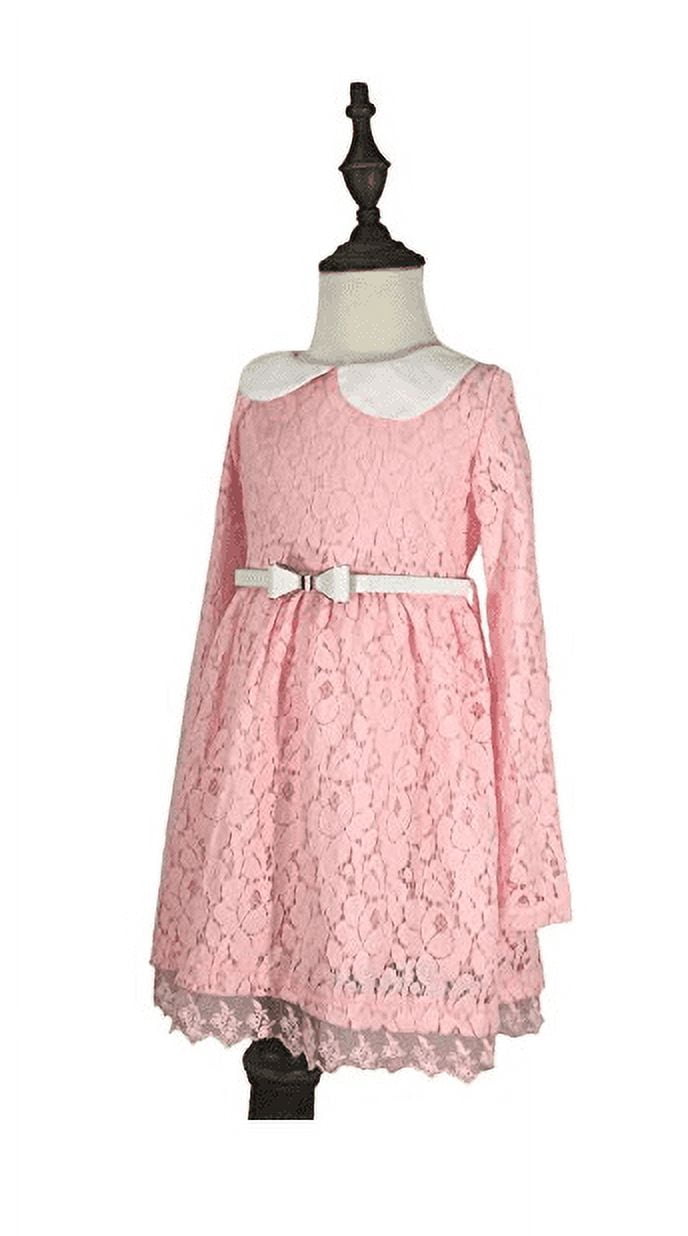 Girl Long Sleeve Lace Dress Lace Skirt with belt, Pink 120