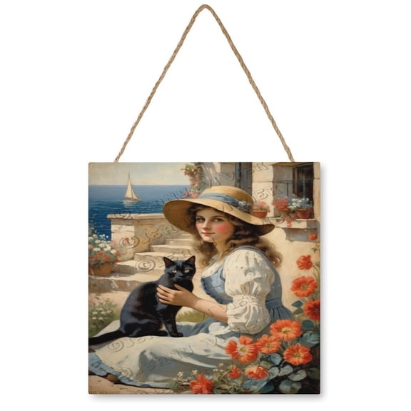 Girl Loved Cat Welcome Decor Sign, Hanging Wood Sign Home Decorative, Printed Wood Wall Art Sign Country Farm Kitchen Wall Home Décor 12"x12"