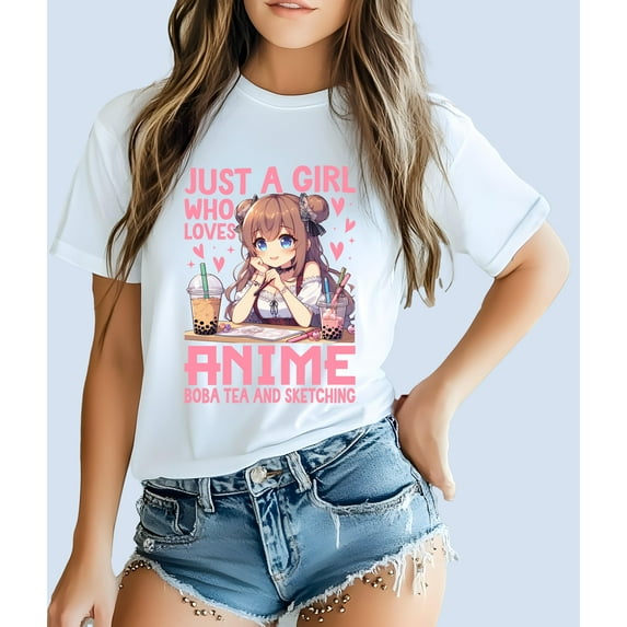 Girl Loves Anime Purple Print Short Sleeve T-Shirt For Women 1 Pcs Gildan Plain T-Shirt 100% Heavy Cotton - Comfortable Crew Neck, Soft Tees Casual Tops