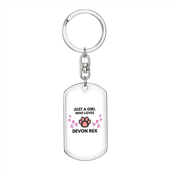 Girl Loves Devon Rex White Cat Stainless Steel or 18k Gold Premium Swivel Dog Tag Keychain