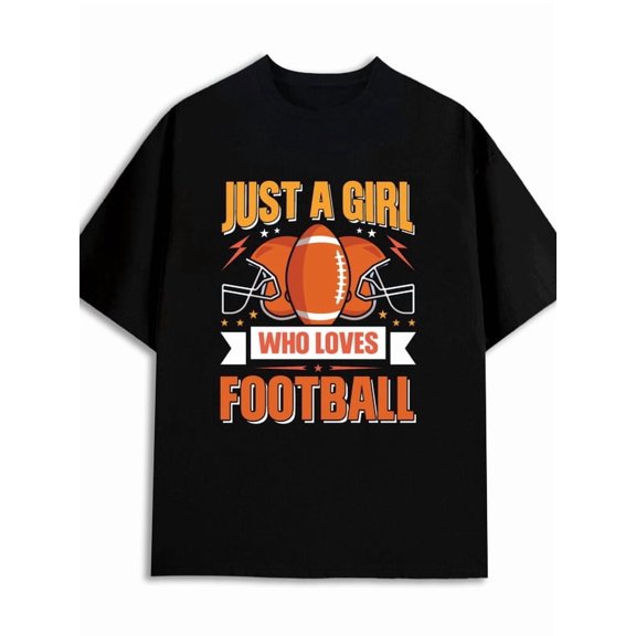 Greenink Girl Loves Football men 180G Cotton black Casual Unisex Shirt Crewneck tshirts Retro Unisex Shirt Graphic tshirts Classic Unisex Shirt Graphic Tee tshirts