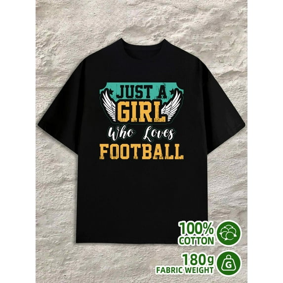 Girl Loves Football for men 180G 100% Cotton black Vintage Unisex Shirt Short Sleeve tshirts Casual Unisex Shirt Crewneck tshirts Retro Unisex Shirt Graphic tshirts