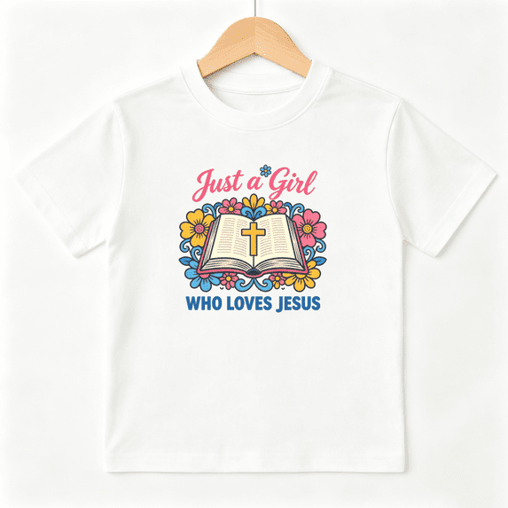Girl Loves Jesus Girls Graphic Tee, Retro Open Bible Church 100% Cotton Kids Short Sleeve T-Shirt