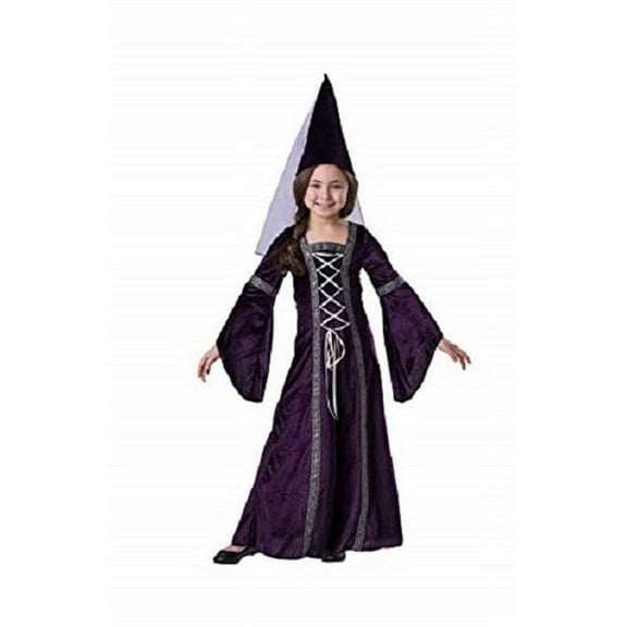 Girl Medieval Princess Costume with Dress & Hat, Purple - Extra Large