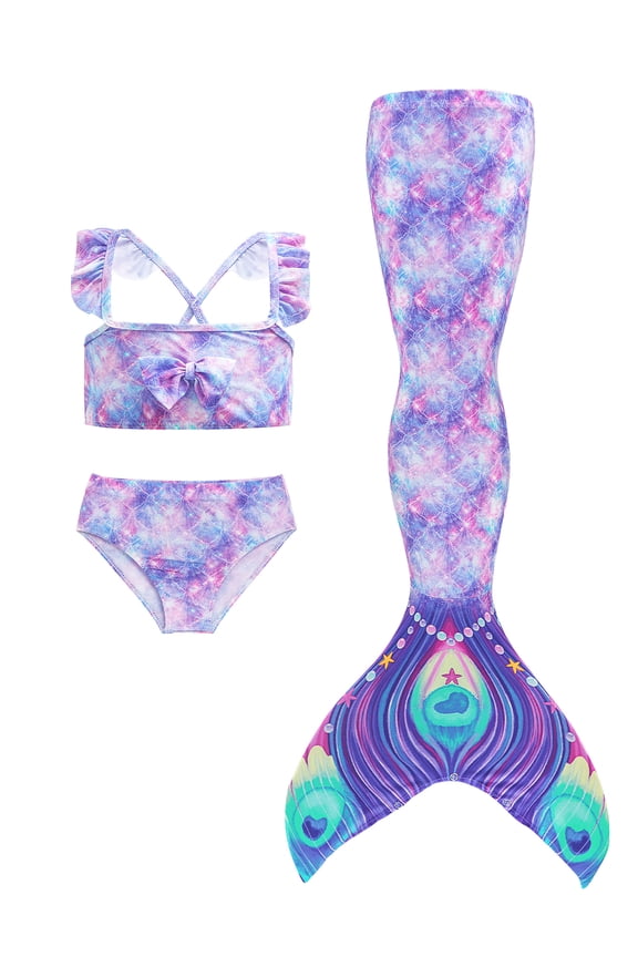 Girl Mermaid Three Piece Swimsuit Girl Peacock Swimsuit Performance Dress Fish Tail