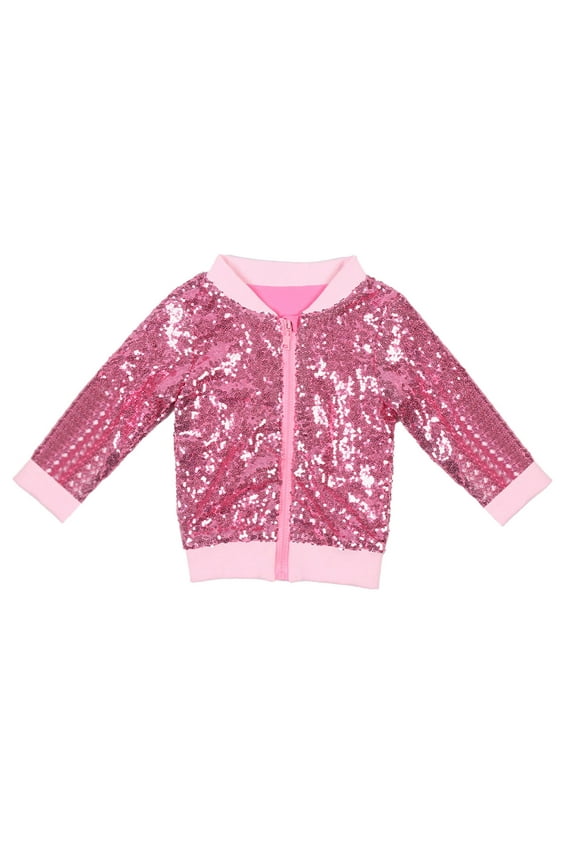 Toddler Girls Full Zipper Sequins Jackets Coat Glitter Long Sleeve Crew Neck Tops Jacket Kids 𝐏reppy Casual Cute Coats