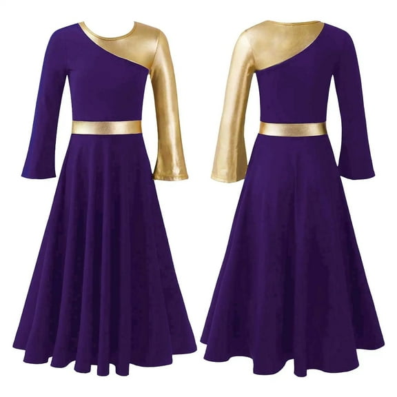 Girl Metallic Liturgical Praise Dance Dress Gold Color Celebration Of Praise Stage Performance Dancewear