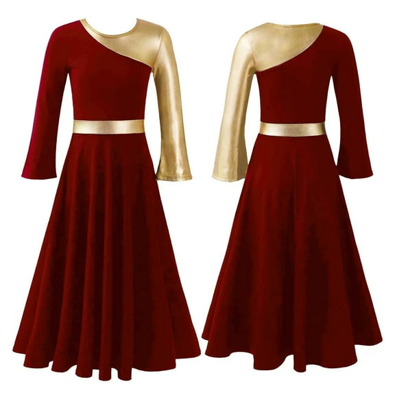 Girl Metallic Liturgical Praise Dance Dress Gold Color Celebration Of Praise Stage Performance Dancewear