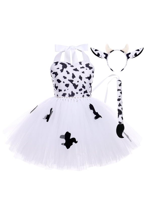 Girl Milk Cow Dress Farm Animal Role Play Halter Backless Puffy Tutu Tulle Dress Ear Headband Tail Set Barnyard Throw a Farm Theme Birthday Party Western Cowgirl Dress Up 11-12 Years White Cow