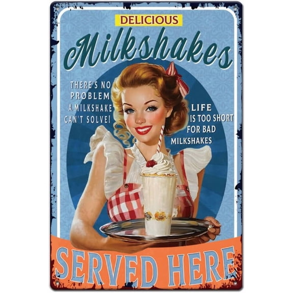 Girl With Milkshake Tin Signs Drinks Retro Metal Sign Vintage Country Art Sign Dessert Theme Bedroom Decor Vintage Wall Art for Kitchen Dining Room Bar Metal Wall Decor Plaque 12x8in Multi-color