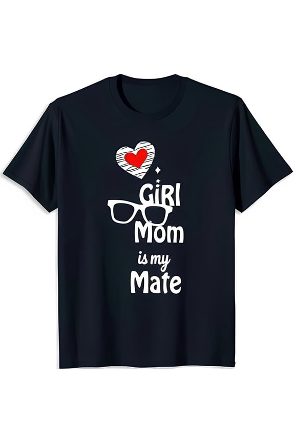 Girl Mom is My Mate Black T-Shirt with Striped Heart Design Cute & Stylish