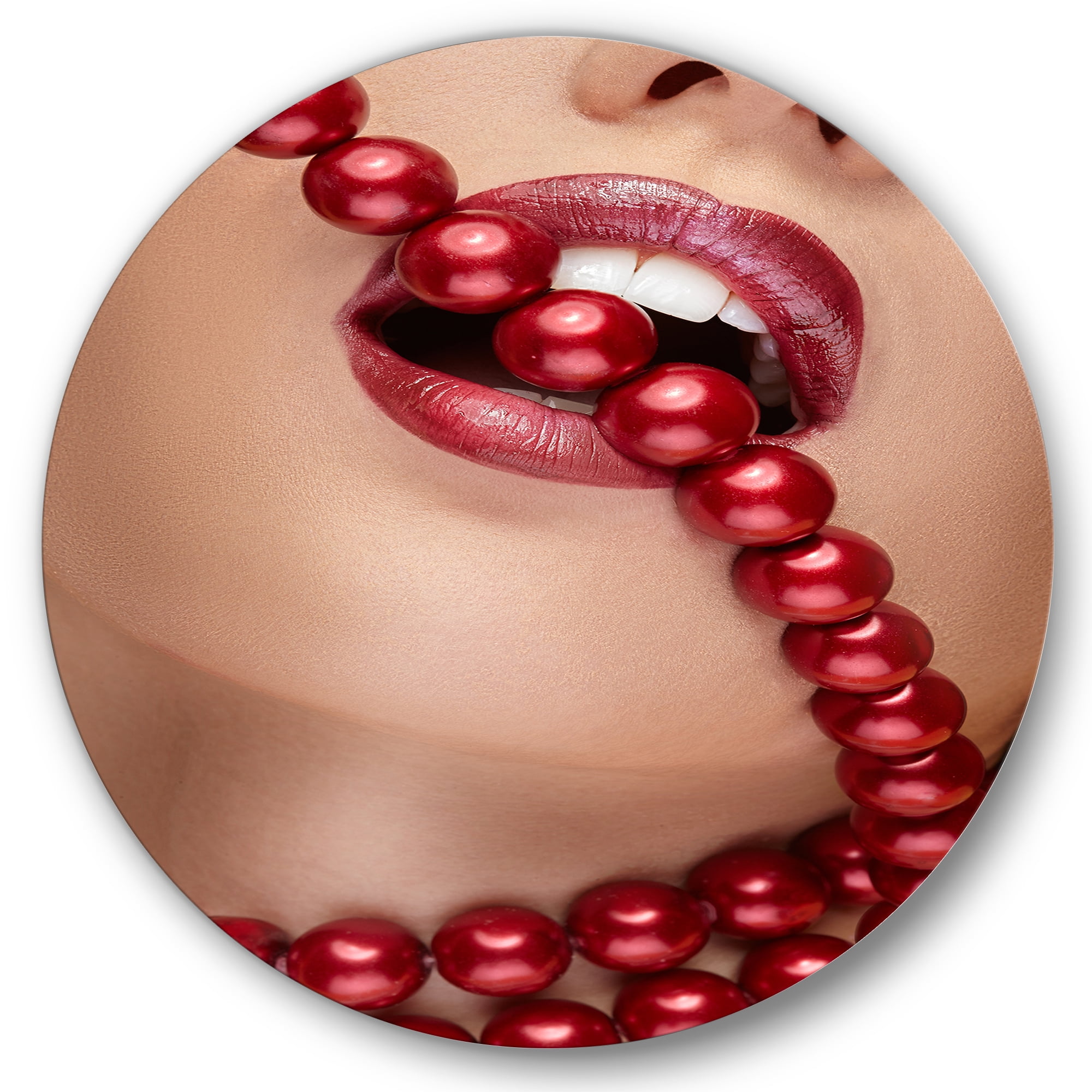 Girl Mouth With Red Lipstick Biting Red Pearls 11 in x 11 in Painting Art Prints, by Designart