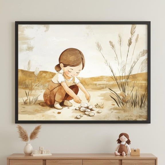 Girl Nature Scene Wall Art Cottagecore Nursery Decor Earth Tone Child Unframed Paper Print
